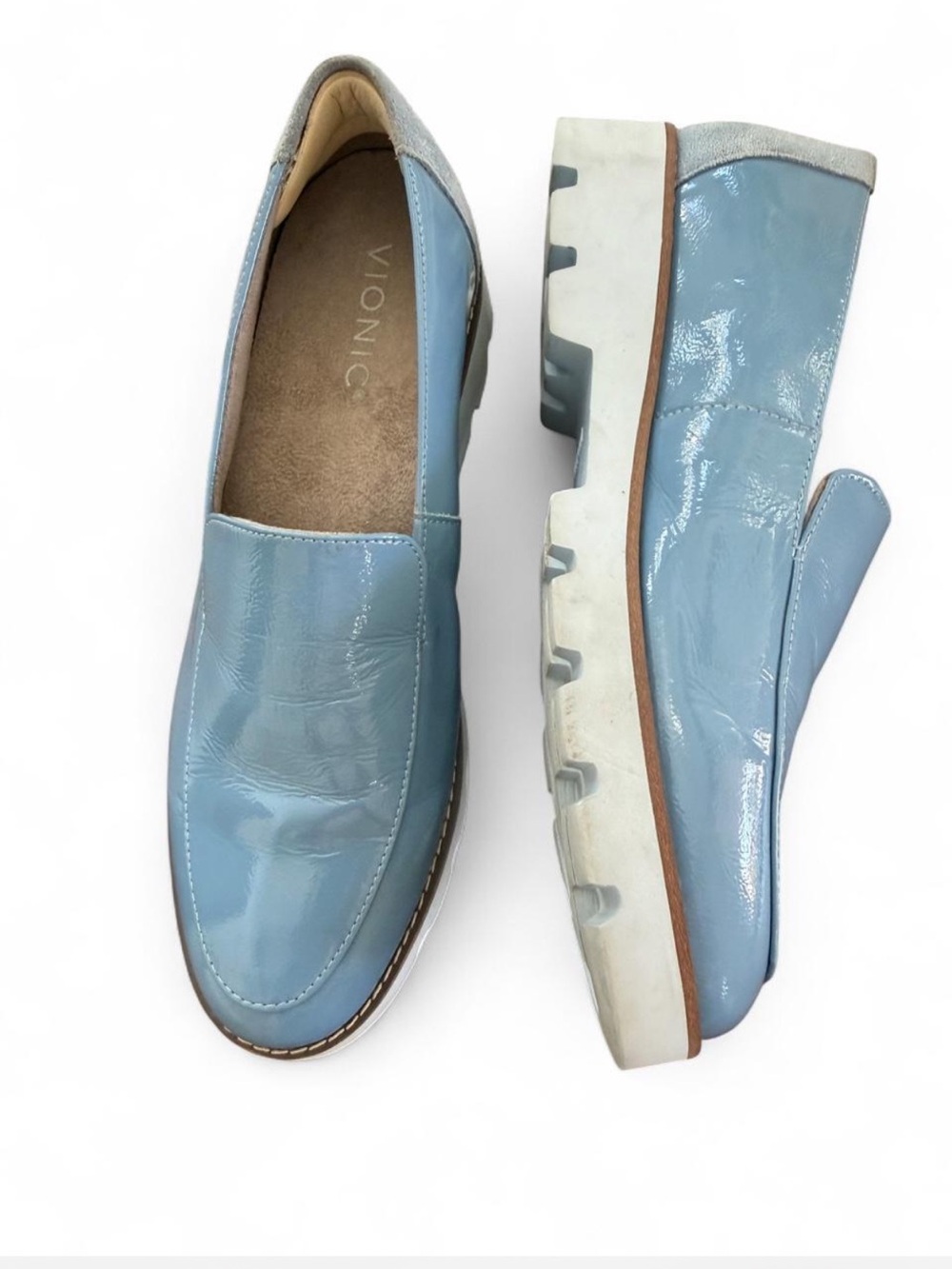 Vionic Kensley Sky Blue Patent Leather Chunky Platform Loafers - Size 7 Comfort